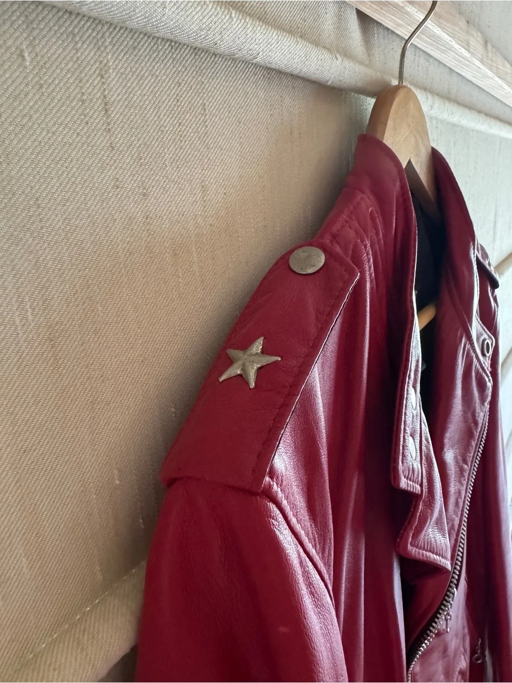 Custom Schott NYC Red Leather Biker Jacket with Asymmetrical Zip - Size 36